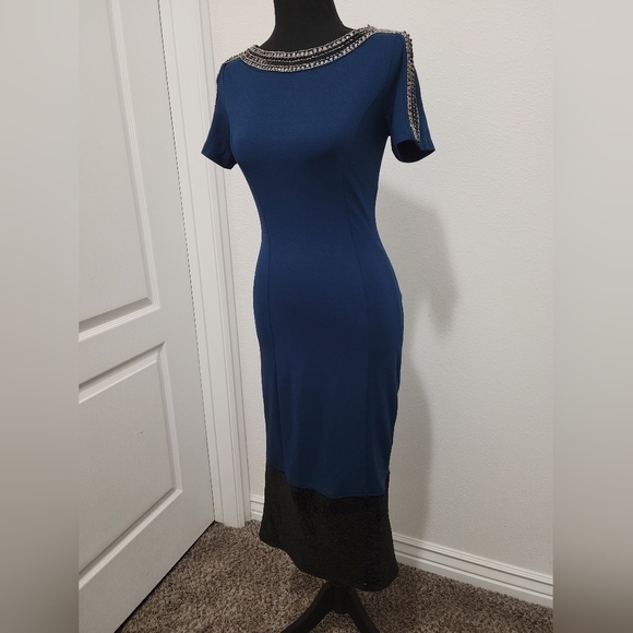 La Chocolê Bodycon Beaded Sequence Blue Midi Dress - Picture 2 of 16